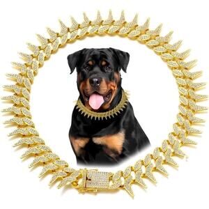 Gold Dog Chain Collar, Cool Spiked Style Necklace Bling Diamond Cuban Link 14in